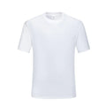 Black and white slim fit round neck short sleeve cotton t-shirt on a hanger.