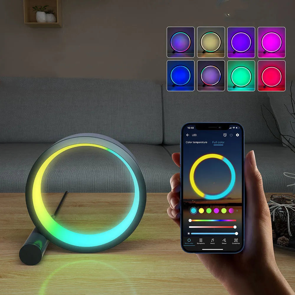 Smart aluminium LED light with colourful music rhythm induction, showing remote and app control.