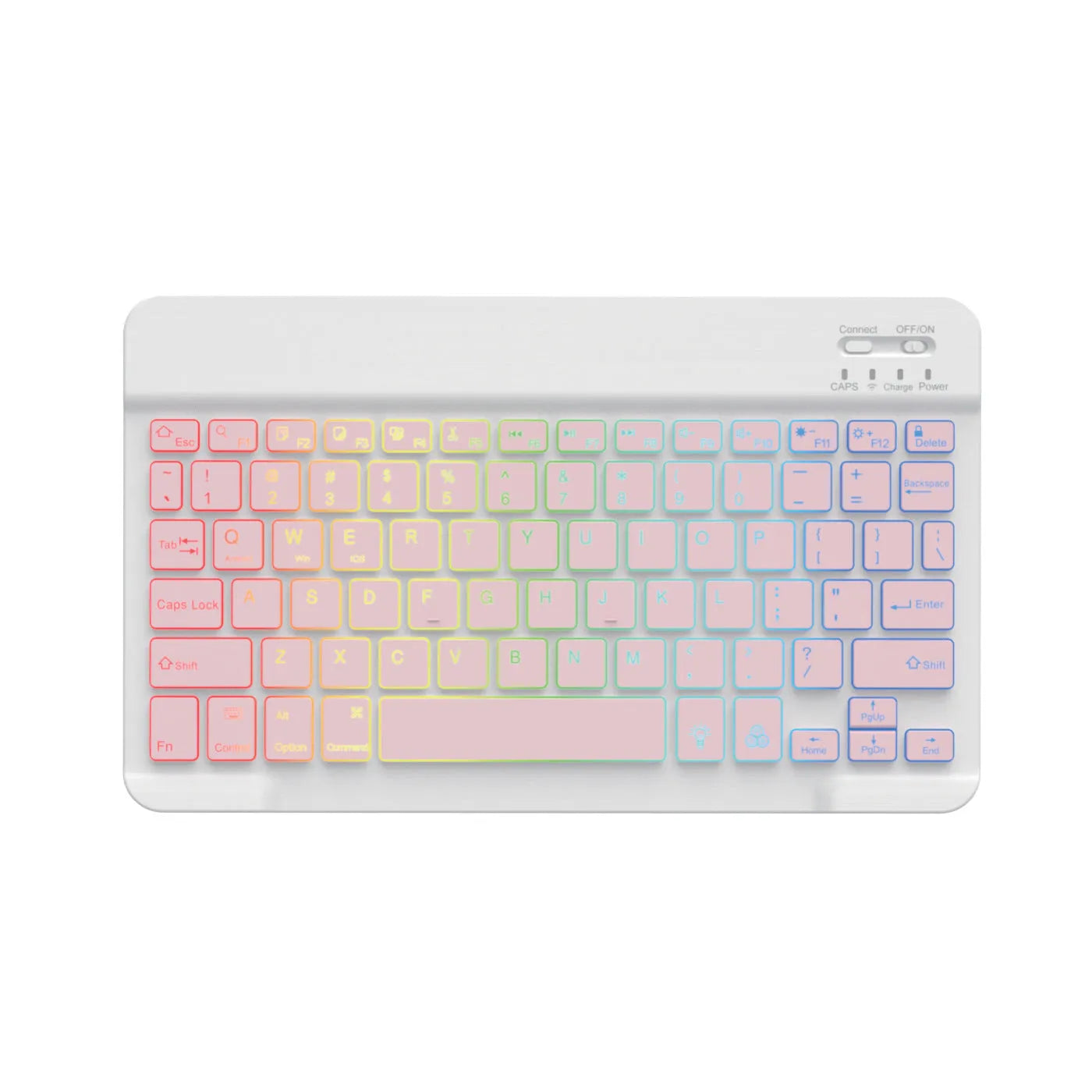 10-inch wireless Bluetooth keyboard with colourful backlighting on a desk next to a tablet.