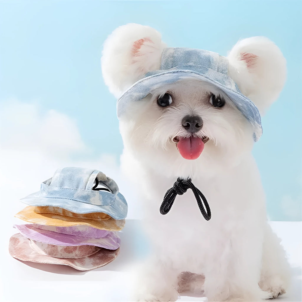 Pet hat with ear holes and adjustable chin strap for small and medium dogs tie-dye cotton polyester sun protection