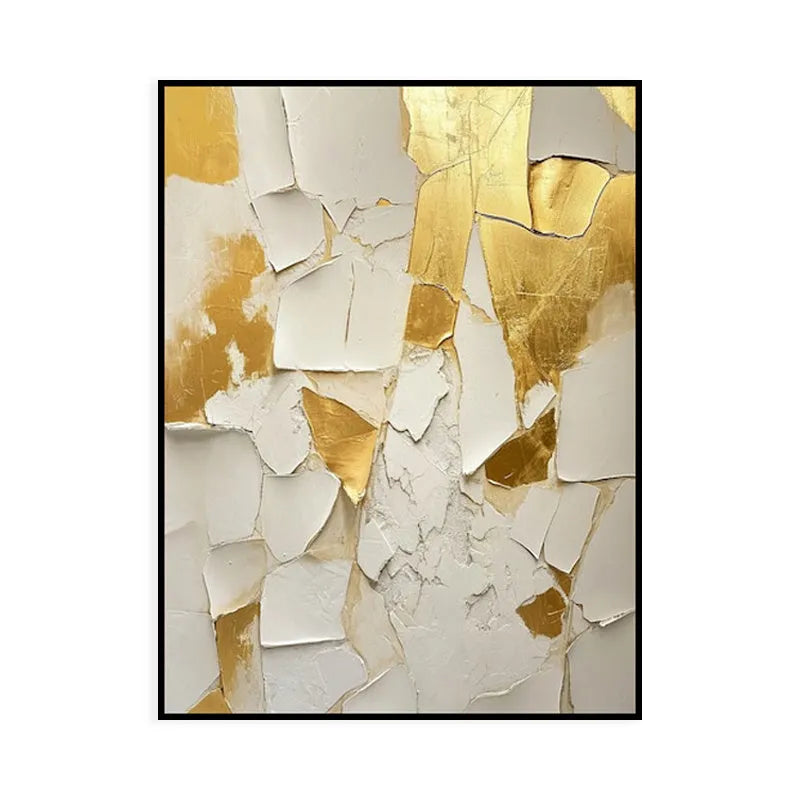 Golden and white textured handmade abstract oil painting on canvas, unframed, vertical orientation