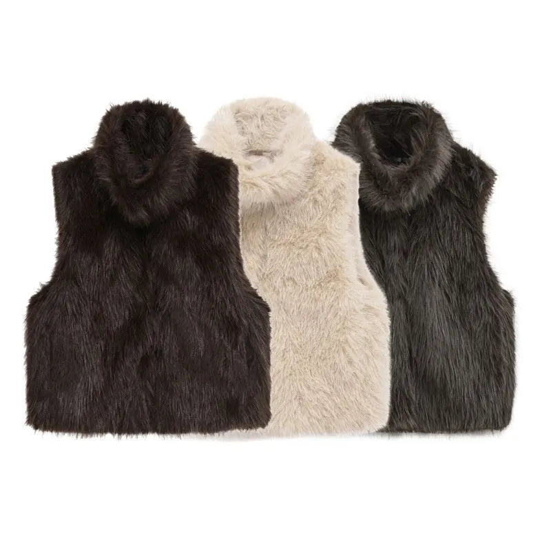 Women's loose casual faux fur vest in A-line style, available in black, brown, white, with animal and grid patterns, polyester fill.