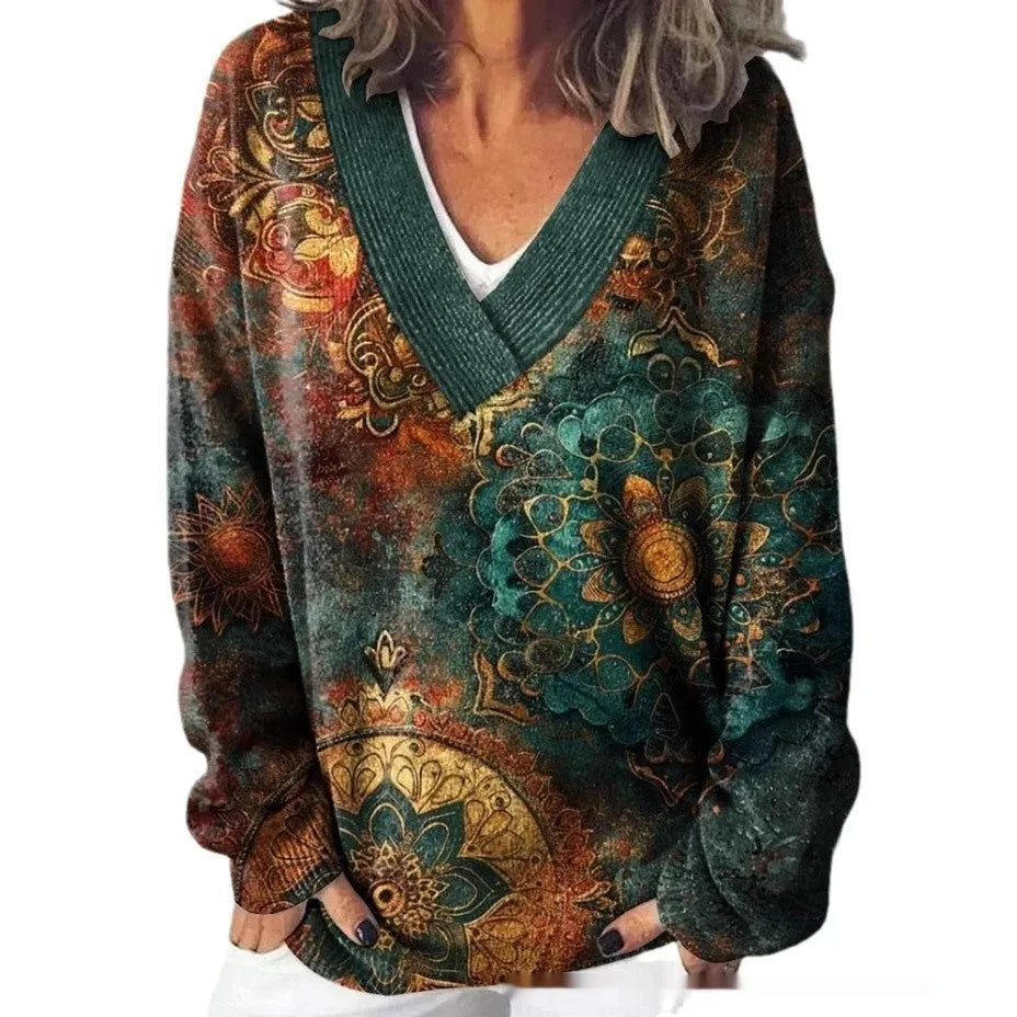 Women's V-neck sweatshirt with a printed 3D floral pattern in an art retro style.