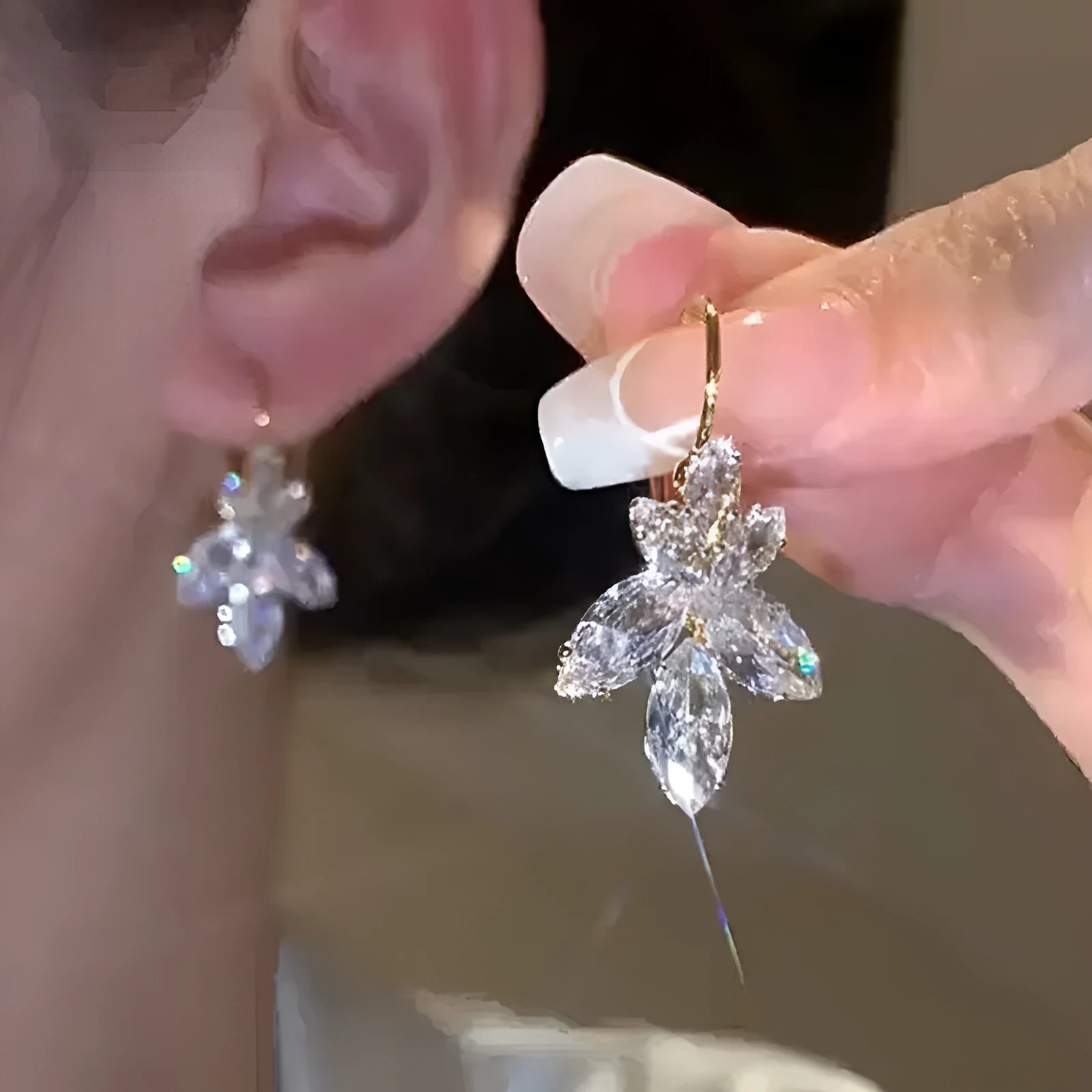 Women's delicate leaf earrings with inlaid zircon stones in platinum colour