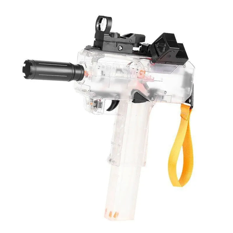 Uzi-style transparent electric water gun toy with accessories on blue background