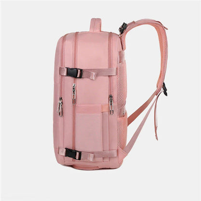 Stylish women's travel backpack with large capacity, separate wet and dry compartments, and a sleek, minimalist design