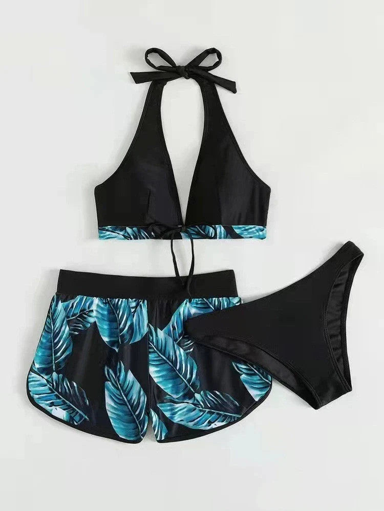 Stylish leaf print bikini with shorts in a variety of vibrant colors, perfect for summer beach or pool wear.