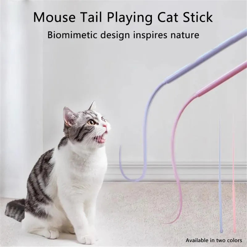 Blue simulated mouse tail cat toy with long silicone tail and cat head handle for interactive feline play