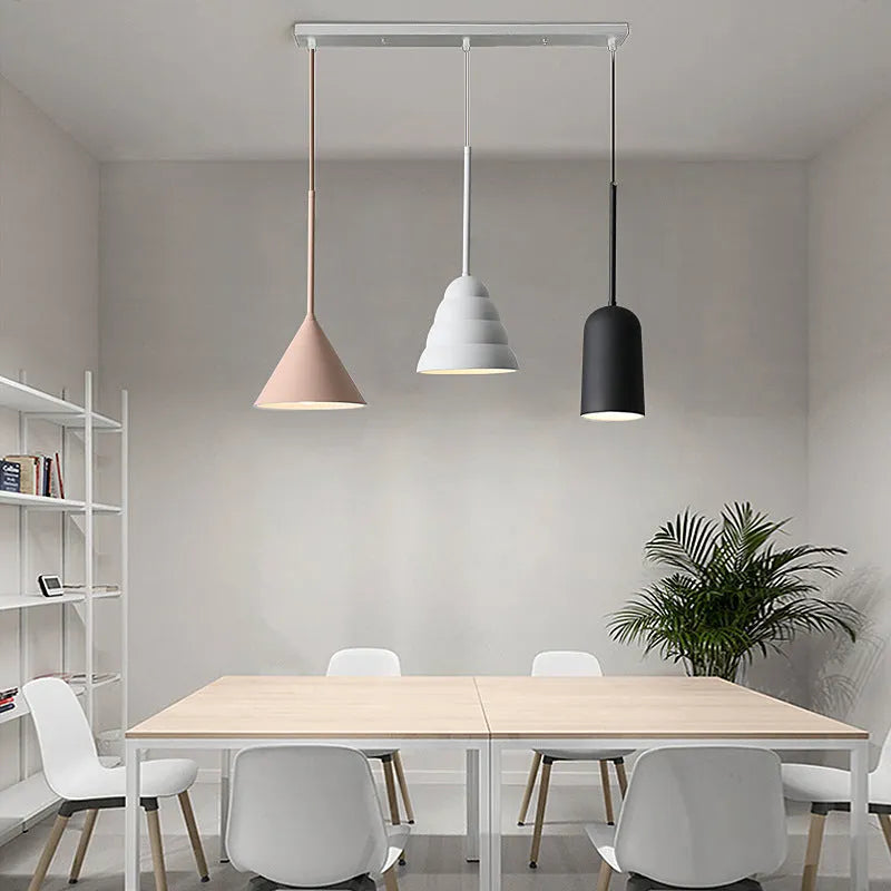 Retro creative hanging line chandelier in white with monochrome warm light, for living room or dining room use.