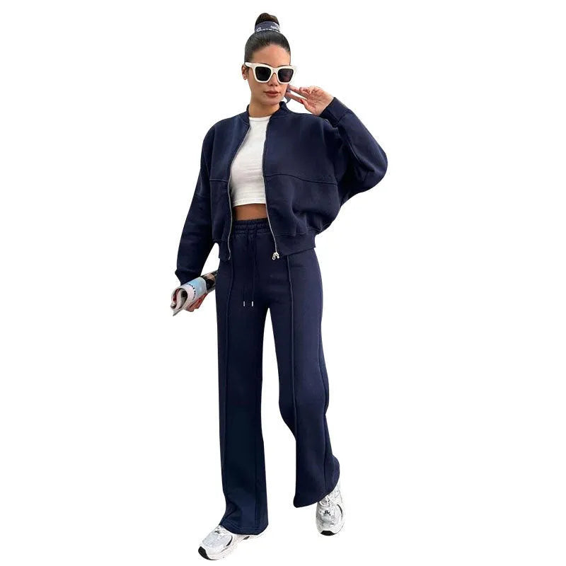 Women's fleece zipper cardigan and straight pants suit in black, two-piece casual set with stitching details