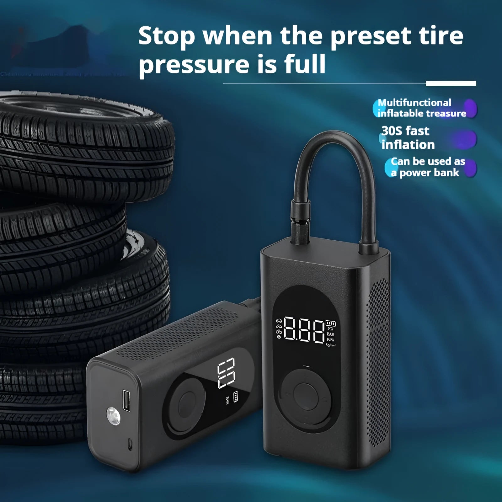 Portable wireless tyre pump with power bank and flashlight functions for multiple vehicles