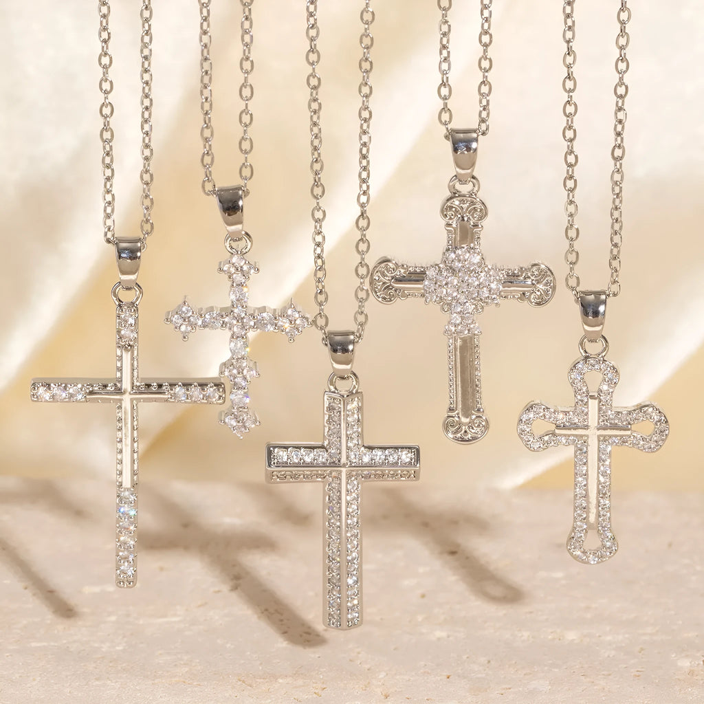 Real gold electroplated cross necklace with micro inlaid zircon on copper pendant and O-ring chain