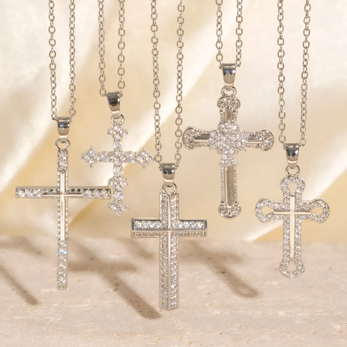 Real gold electroplated cross necklace with micro inlaid zircon on copper pendant and O-ring chain
