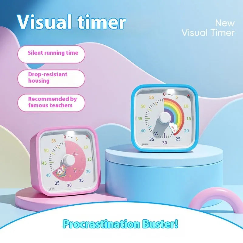 Anti-fall cartoon children's mute timer alarm clock with plastic shell, 10x10x6cm, rainbow lens design