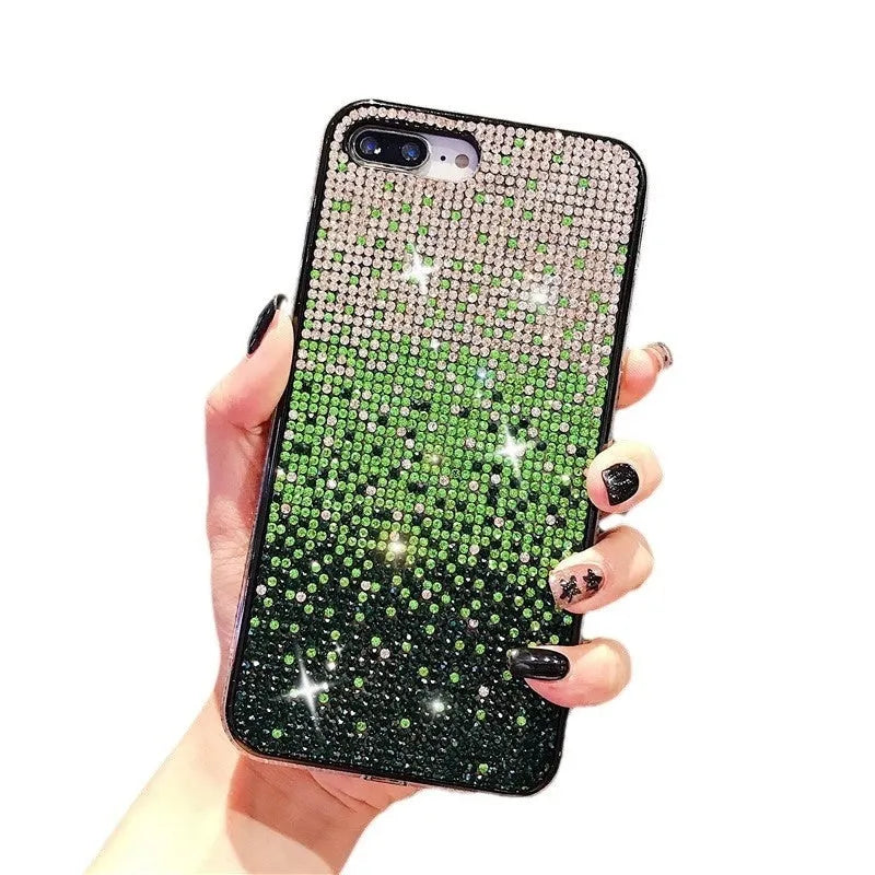Gradient edge drill phone case for iPhone with rhinestones, anti-fall TPU PC back cover in coffee purple blue green