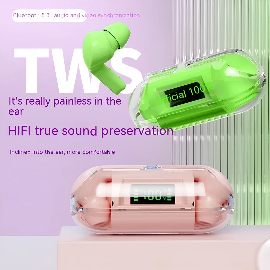 Wireless Bluetooth headset with transparent digital display charging case showing battery level