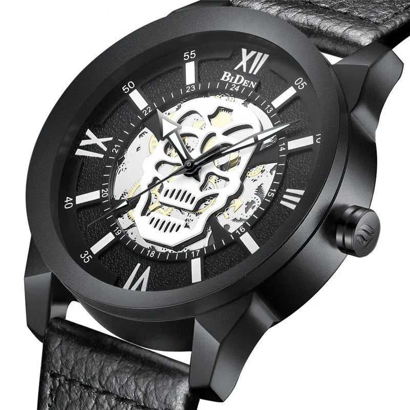 Biden men's hollow quartz watch with calendar function and leather strap