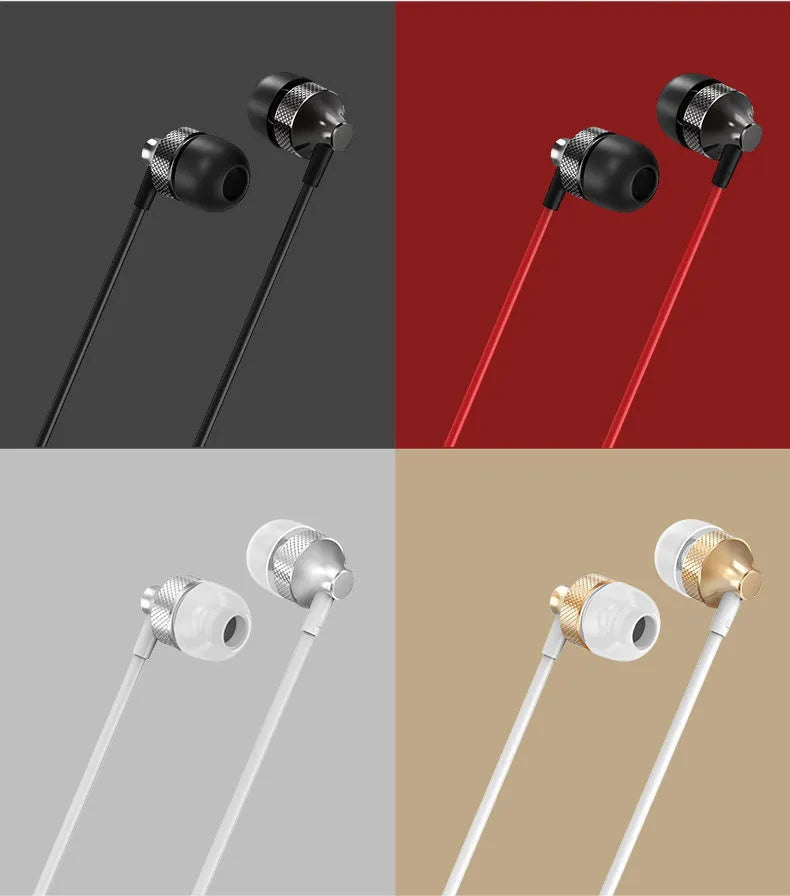 Metal in-ear headphones with wheat-coloured cable and 3.5mm plug in gold, silver, black, and red/black colours.