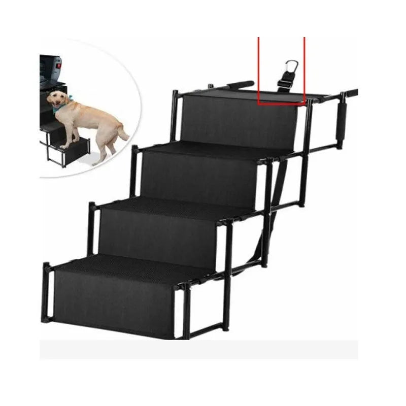 Folding stainless steel pet dog ladder in open position, showing steps, against a car boot.