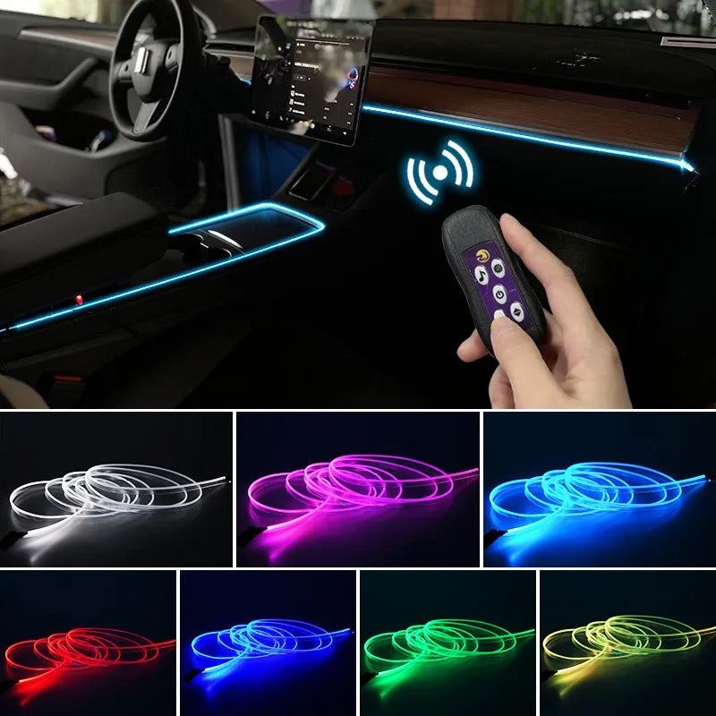 Car interior LED atmosphere light with colourful changing effects installed along dashboard