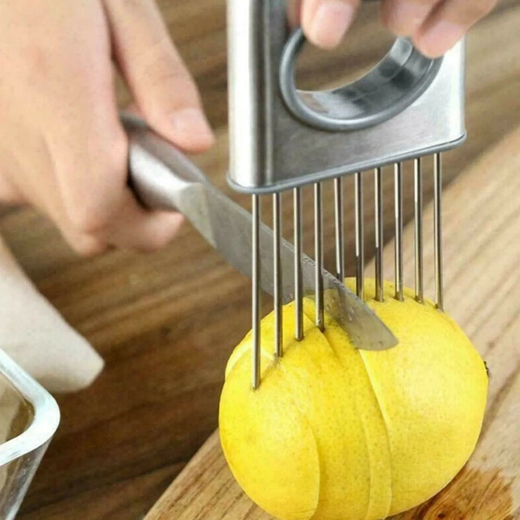 Stainless steel onion holder with prongs and finger guard for slicing vegetables