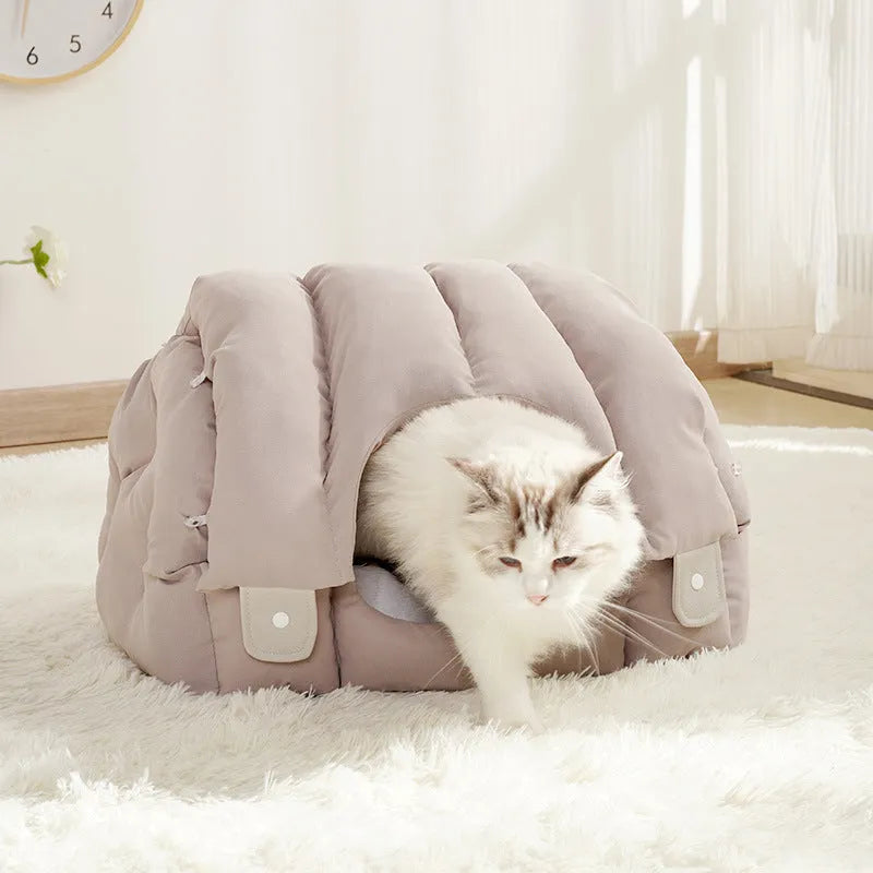 Grey dual-purpose arched pet nest shown as both an enclosed cat bed and an open sofa perch for dogs.