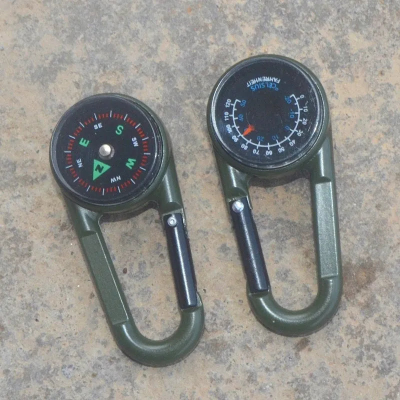 Black army green rose gold zinc alloy carabiner with thermometer and compass, showing double-sided climbing button.