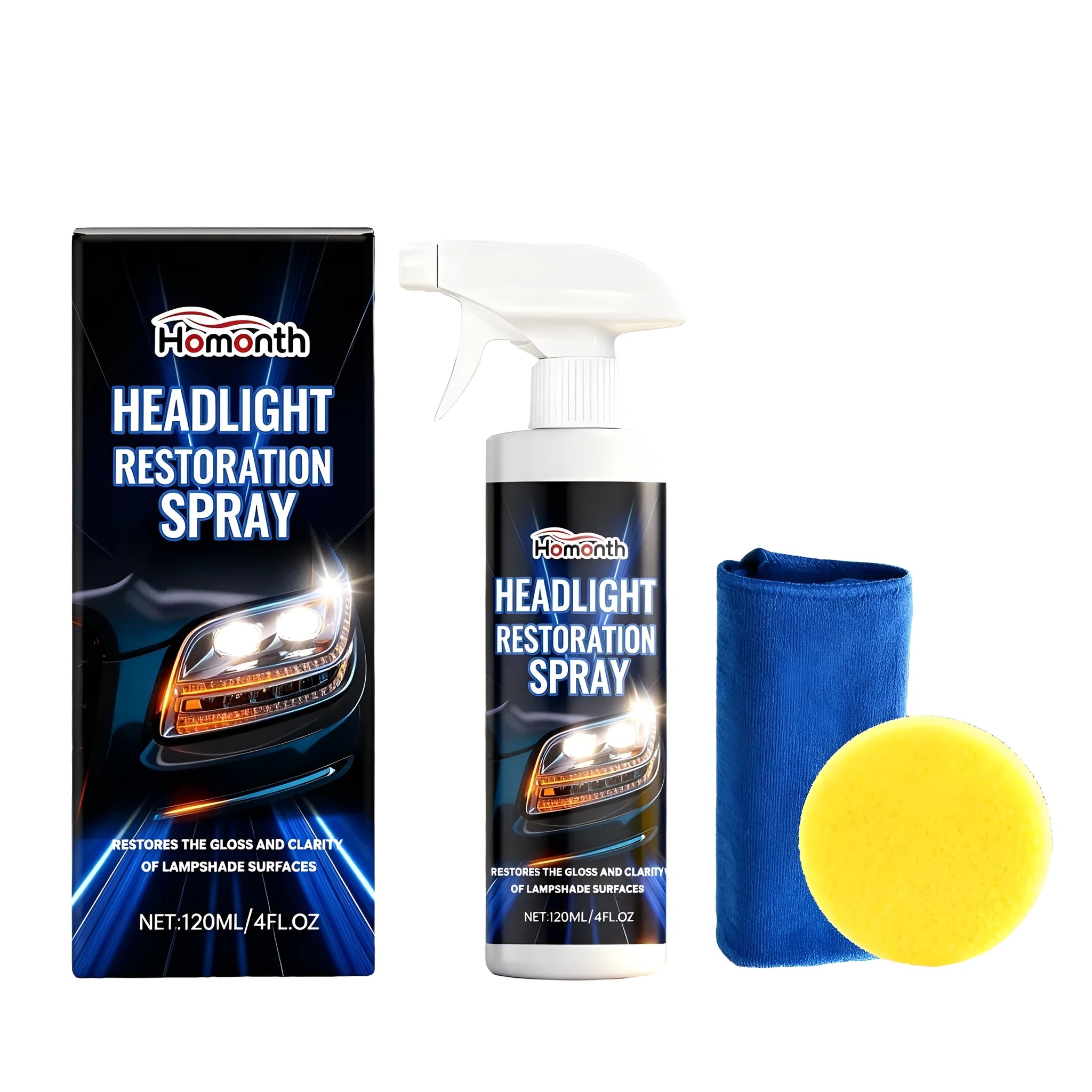 HOMONTH headlight restoration spray kit with 120ml bottle, sponge, and towel