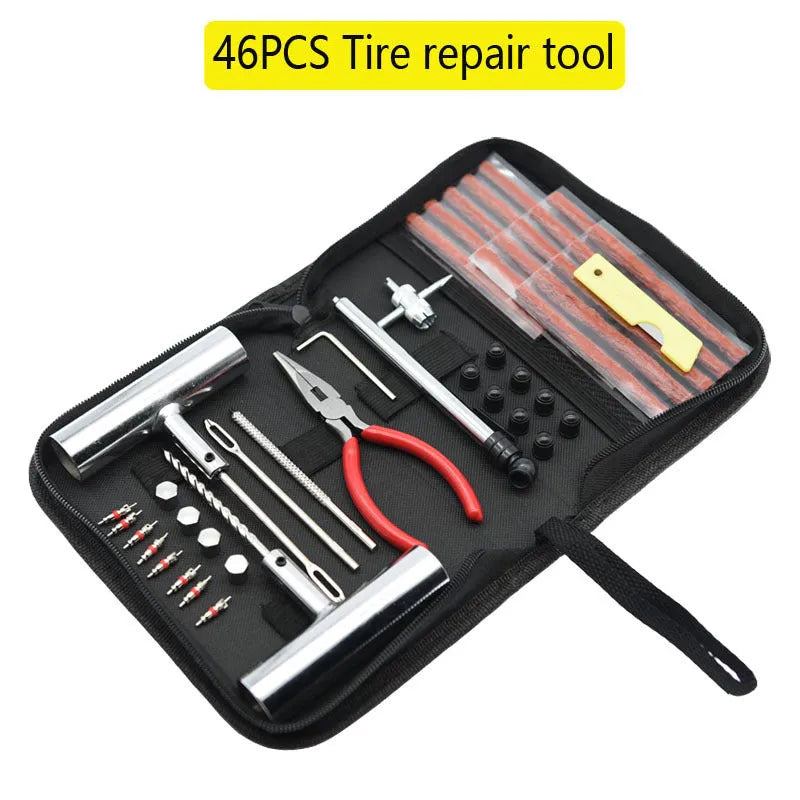 43-piece steel tyre repair kit in compact cloth storage bag for vehicle puncture emergencies