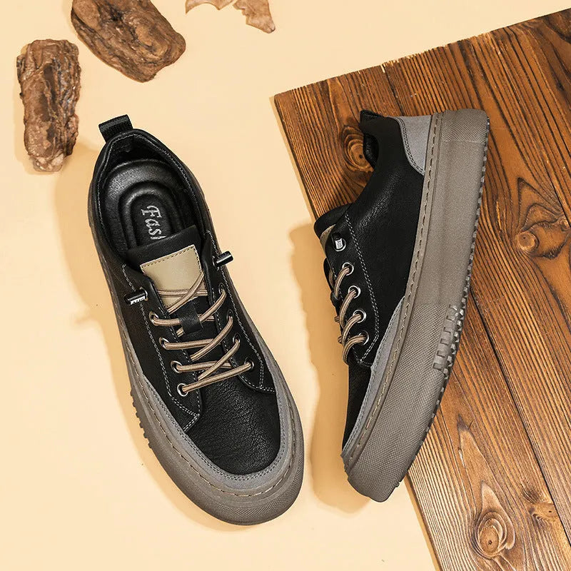 Men's black round toe lace-up casual shoes with a microfiber upper and flat rubber sole.