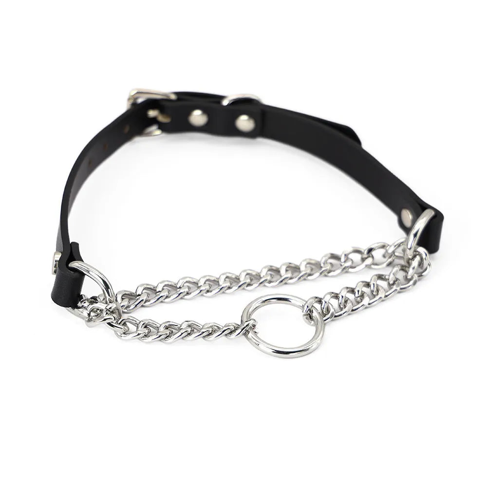 Black cowhide leather bondage collar and leash set with hand grip rope