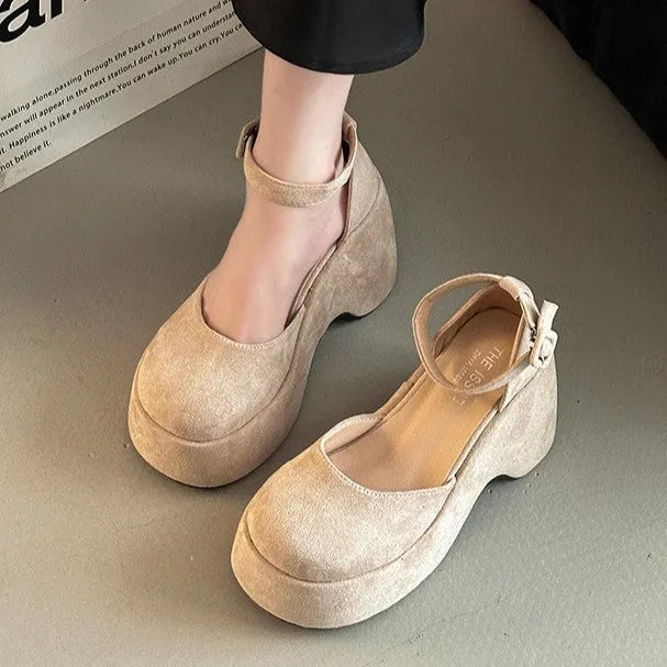 Women's closed toe court shoes with suede upper, thick short stout heel over 8cm, round toe, black or khaki