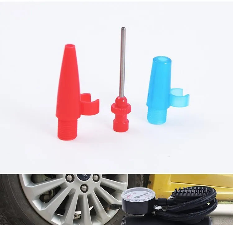 Black portable 12V mini car air compressor with pressure gauge, hose, and two nozzle adapters on grey background