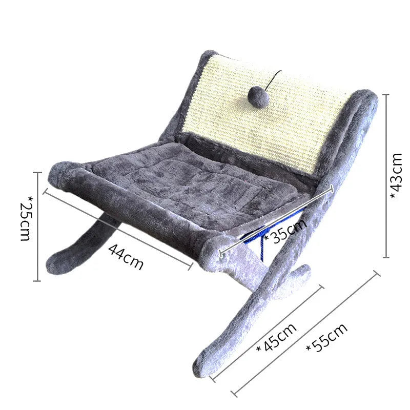 Cat sofa bed sunbathing chair in beige or dark grey with back mat, made from sisal, wood, corrugated paper, and hemp rope