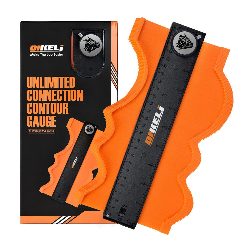 10-inch contour gauge with locking belt for copying irregular shapes, made from ABS plastic and stainless steel