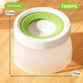 Suspended green pet water bowl for dogs and cats on a white plate base.