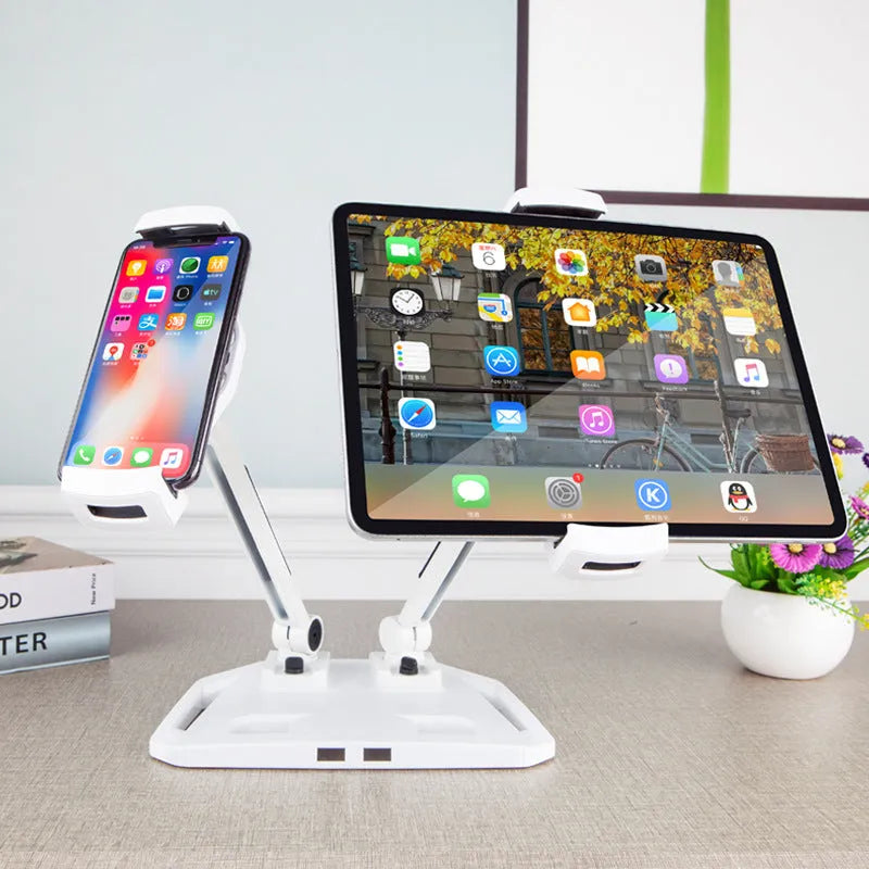 Double stand aluminium alloy phone holder in white or black, desktop support frame for phablet phones, 1.73kg