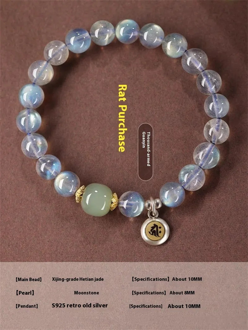 Moonstone birth Buddha bracelet with 8mm bead and Thousand-Hand Kwan-yin mouse zodiac design