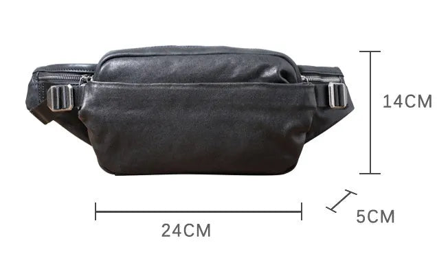 Men's small cowhide cross-body fanny pack in black, horizontal square shape, single shoulder strap