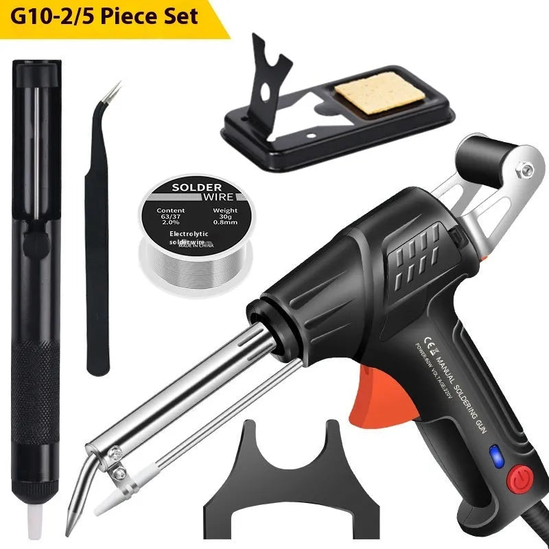 Black soldering gun with LED light, alloy construction, five-piece electronics repair kit