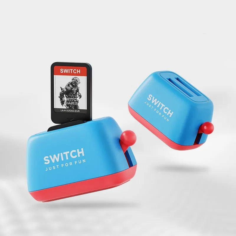 Green Nintendo Switch game card storage box with silicone base on a table