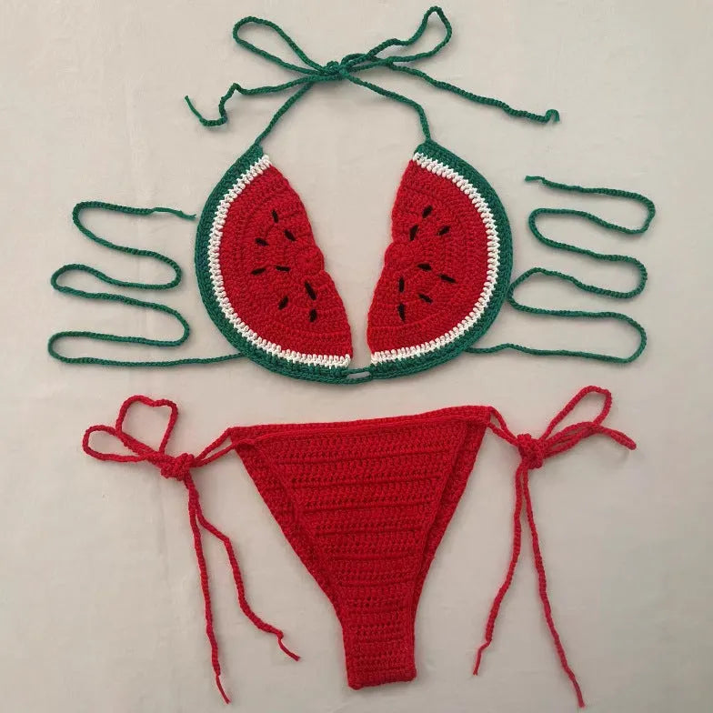 Handmade crocheted bikini two-piece set with mixed colour pattern and adjustable lace-up shoulder straps