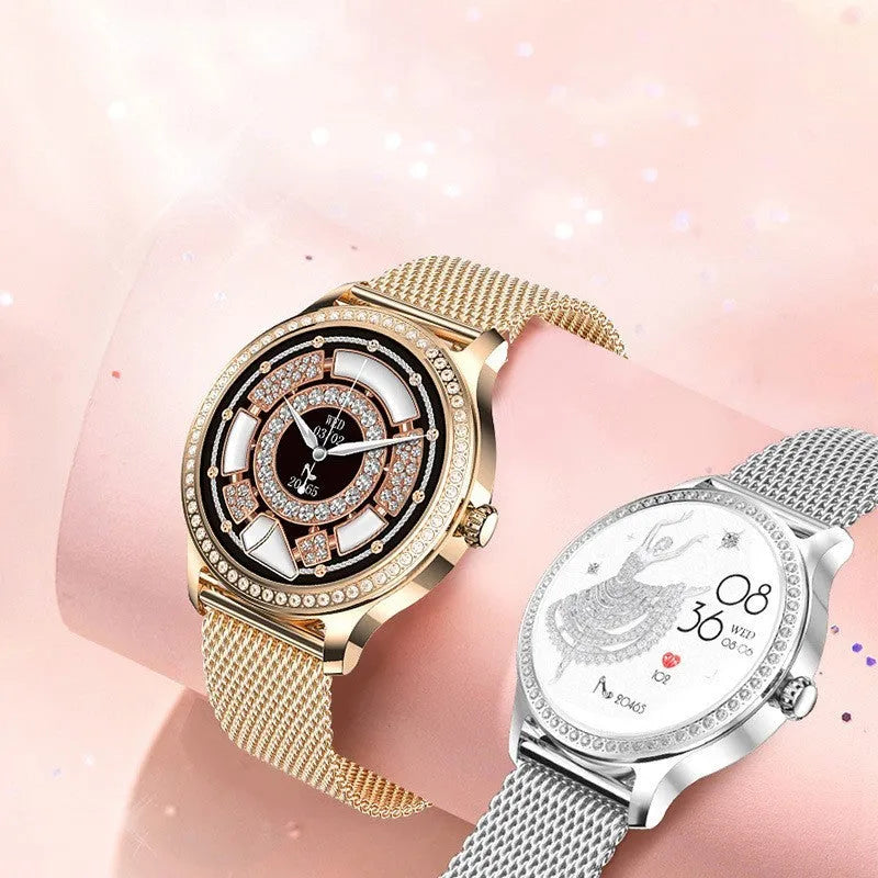 Women's smart watch with Bluetooth calling and health monitoring on Milan steel strap