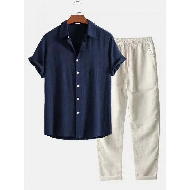 Men's casual linen-style shirt and trousers suit in loose fit with short sleeves
