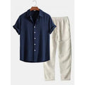 Men's casual linen-style shirt and trousers suit in loose fit with short sleeves