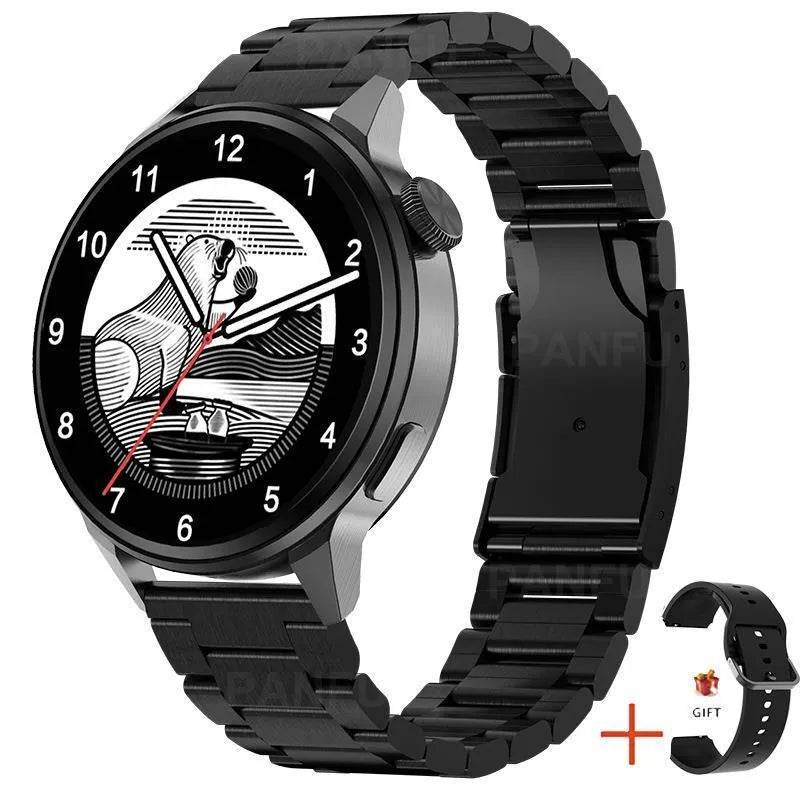 Smartwatch with 1.36in HD colour screen, Bluetooth calling, wireless charging, IP68 waterproof, 44x11mm case, 20mm strap, Black Gold Silver
