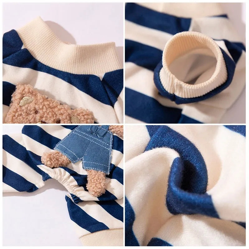 Cute bear striped four-legged dog pyjamas in blue for small to medium pets