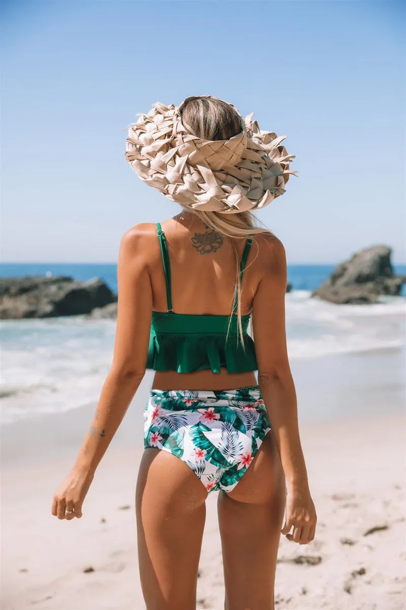 Women's green fashion printed ruffle swimsuit with floral pattern, nylon fabric, includes bra and pants