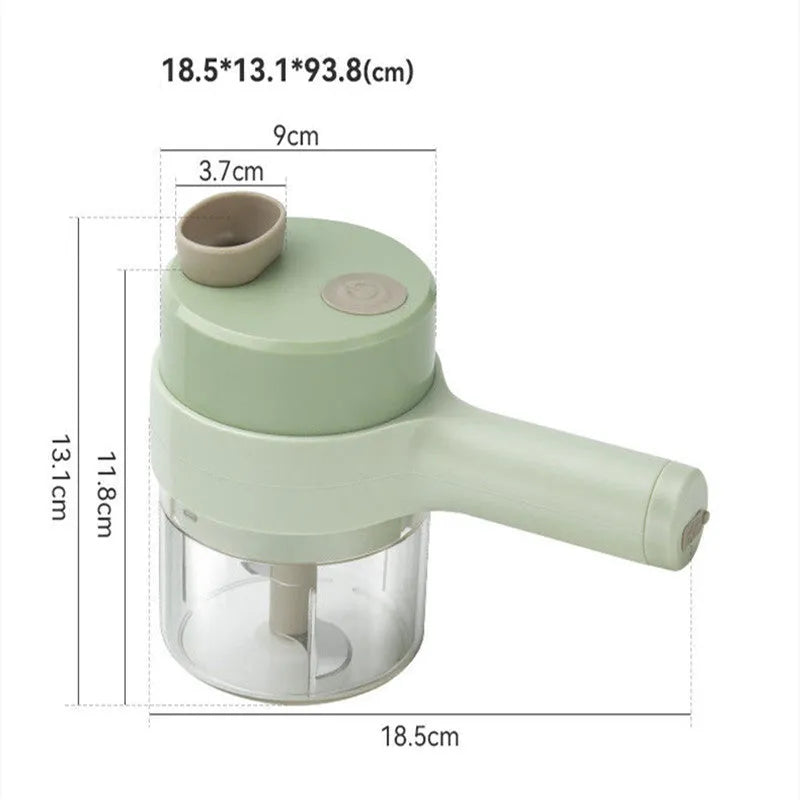 Household multifunctional wireless electric garlic masher with plastic body, slicer combo, and Type-C cable on white background