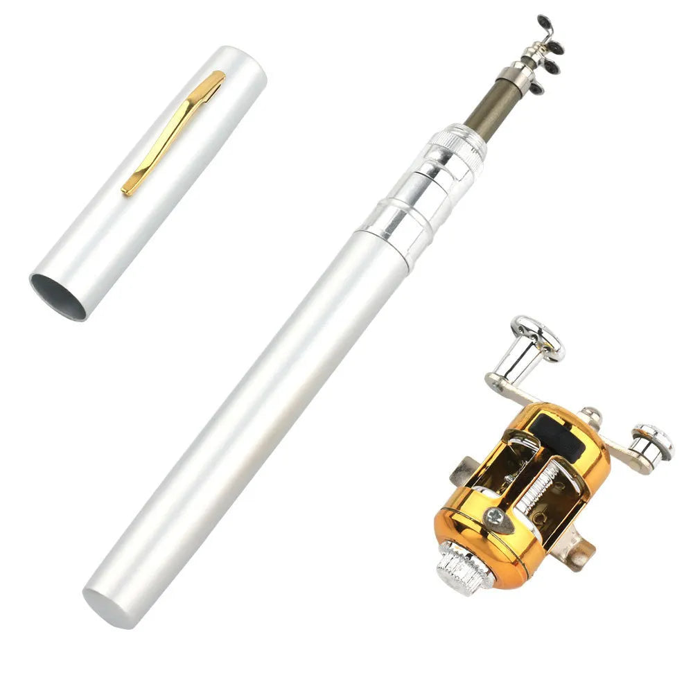 Portable telescopic pen fishing rod collapsed to 20.5cm next to its detachable plastic reel, shown in gold colour.